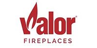 Logo of Valor Fireplaces in red and white.