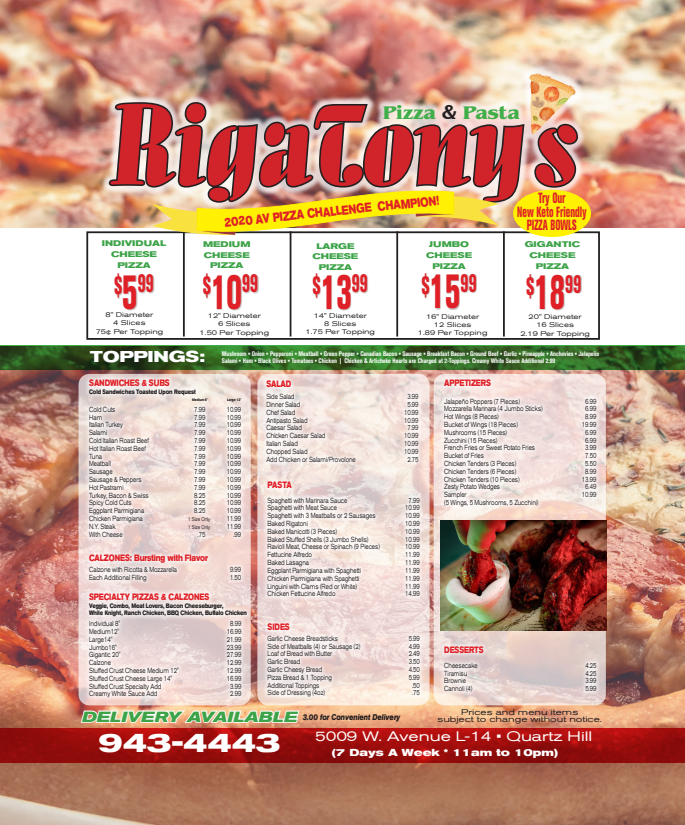 RigaTony's Pizza & Pasta Menu Quartz Hill, Ca