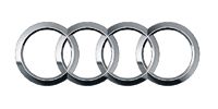 Audi logo with four interlocking silver rings on a white background