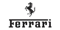 Ferrari logo with black prancing horse above bold black wordmark on a white background