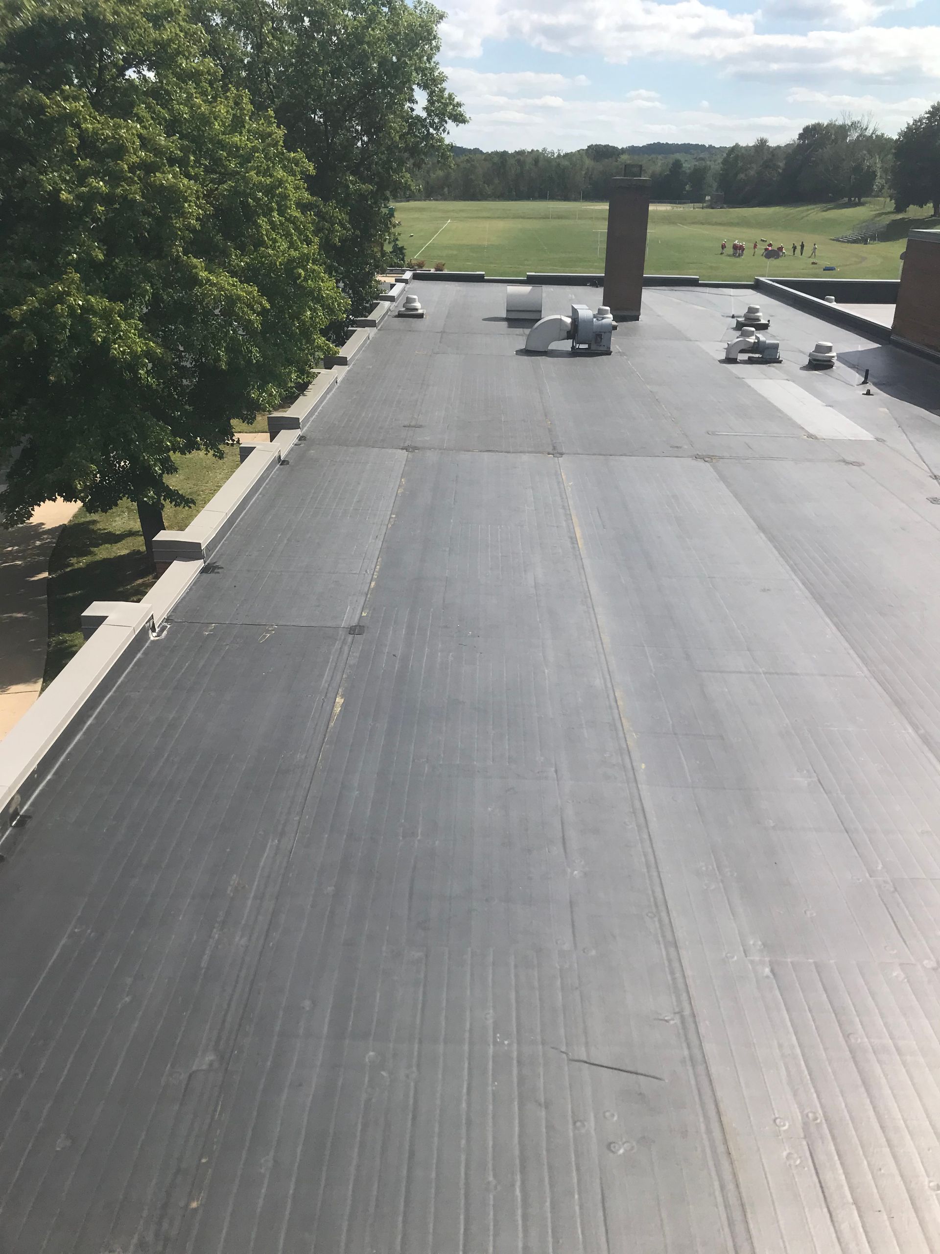 A black roof with a chimney and trees in the background.