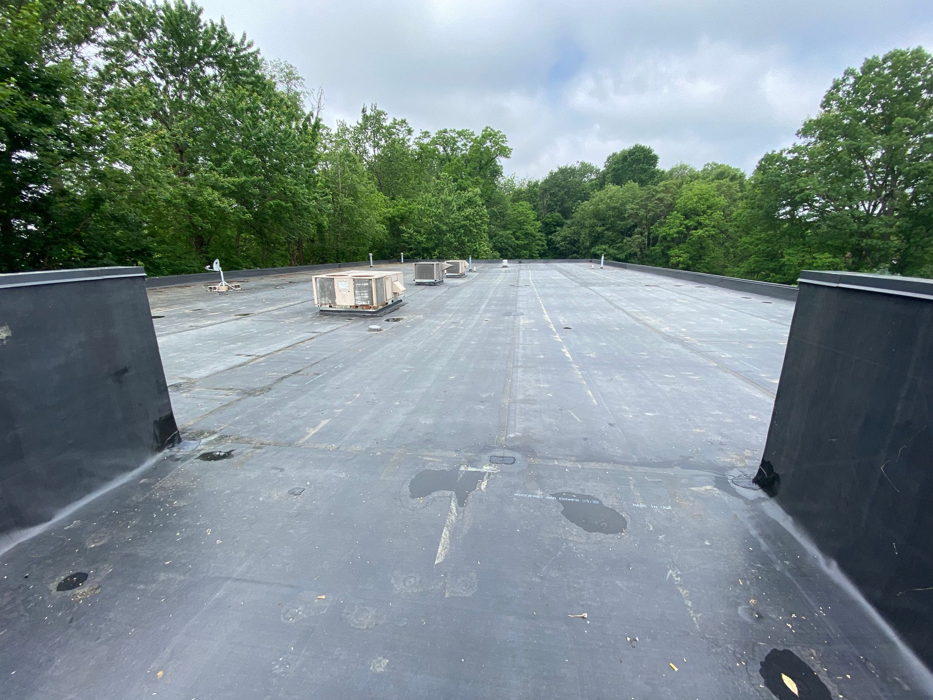 A black roof with a lot of trees in the background