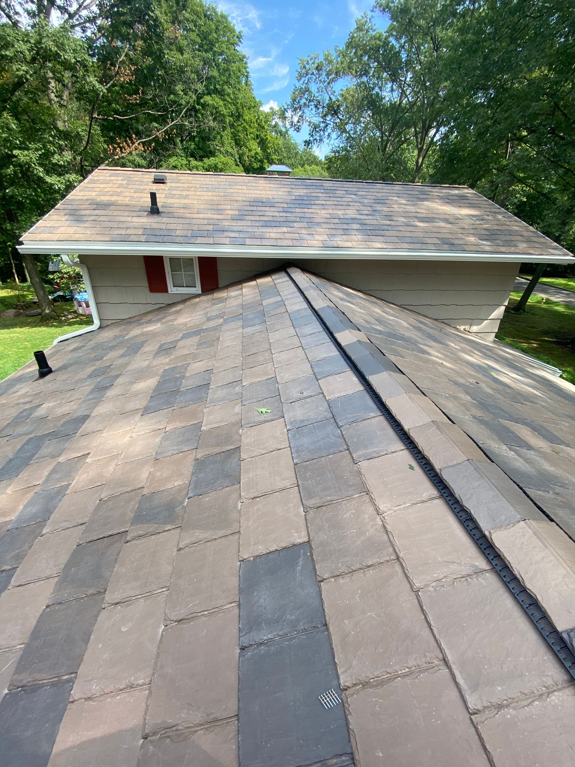 A close up of a roof of a house with trees in the background.