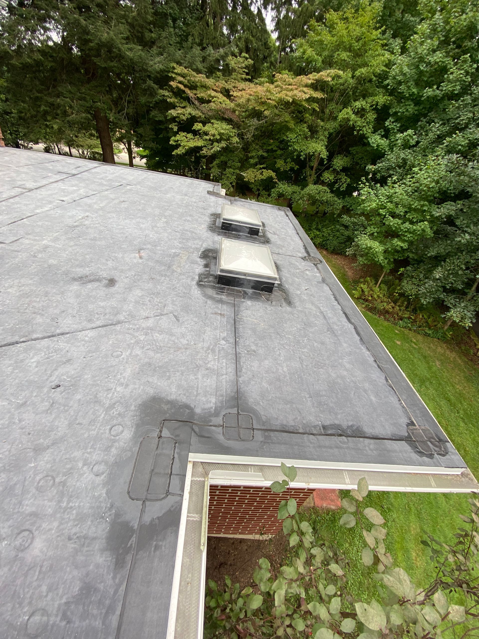A roof with three skylights on it is surrounded by trees and grass.