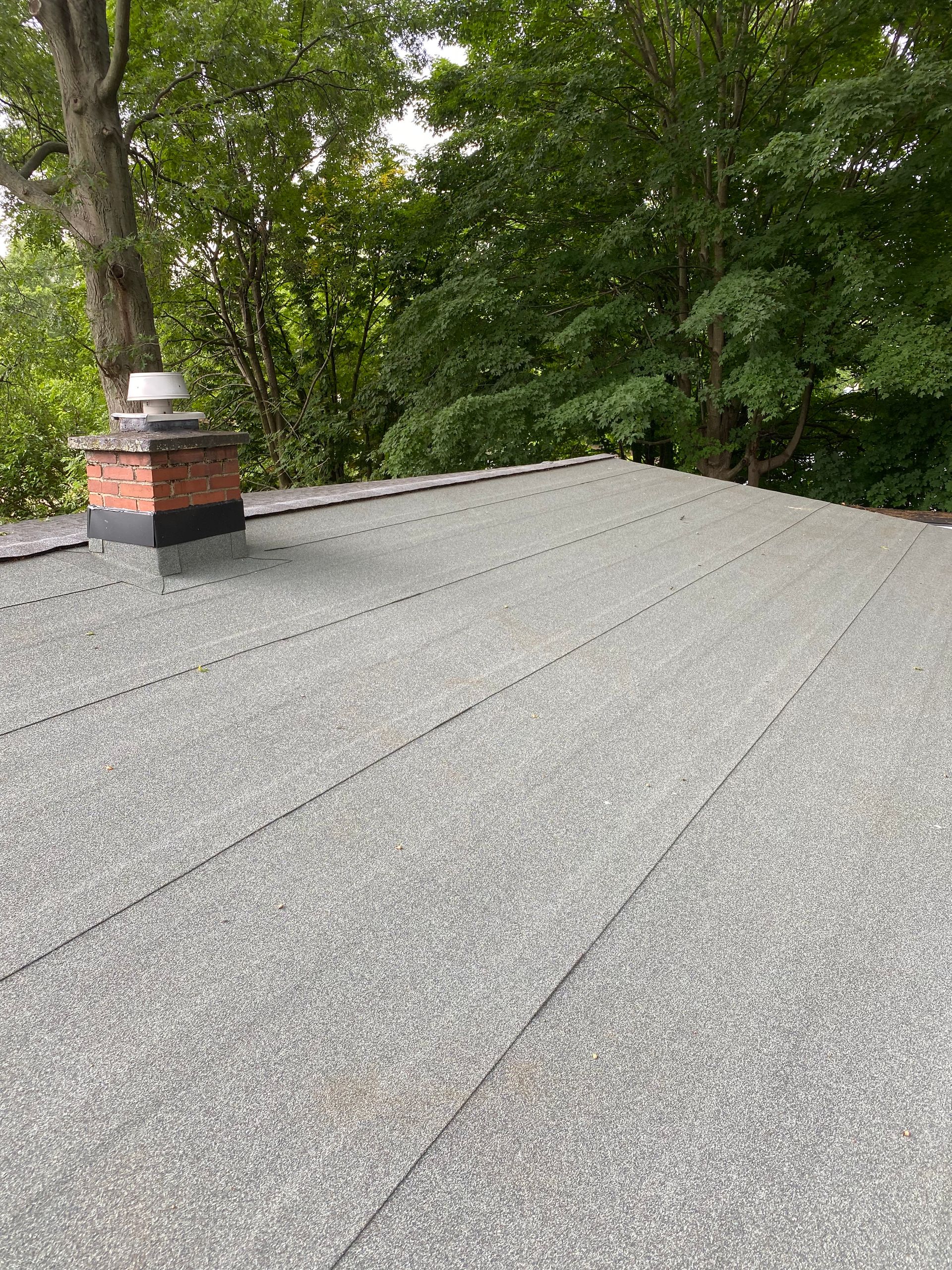 A roof with a chimney on top of it and trees in the background.