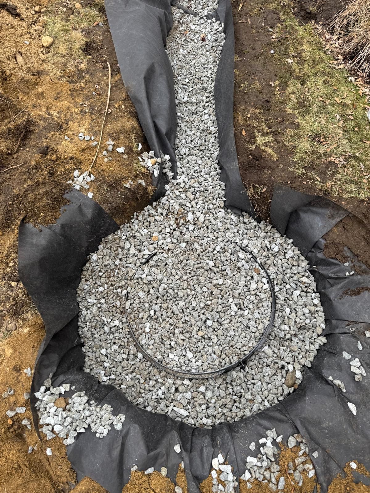 A circular drainage basin installed in a trench lined with landscape fabric and filled with grey gravel.