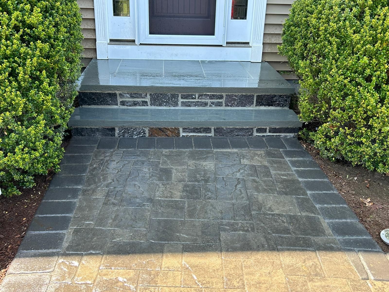 A stone entryway featuring two stairs leading to a doorway, flanked by two large green bushes and a paved walkway.