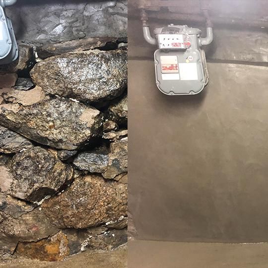 A side-by-side comparison of a raw stone basement wall and a finished wall with a gas meter installed.