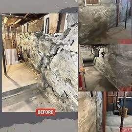 Before and after photos of a residential stone basement wall that has been smoothed over with a layer of mortar.