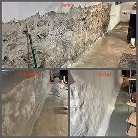 A three-part collage showing a stone basement wall before, during, and after application of white masonry sealer.