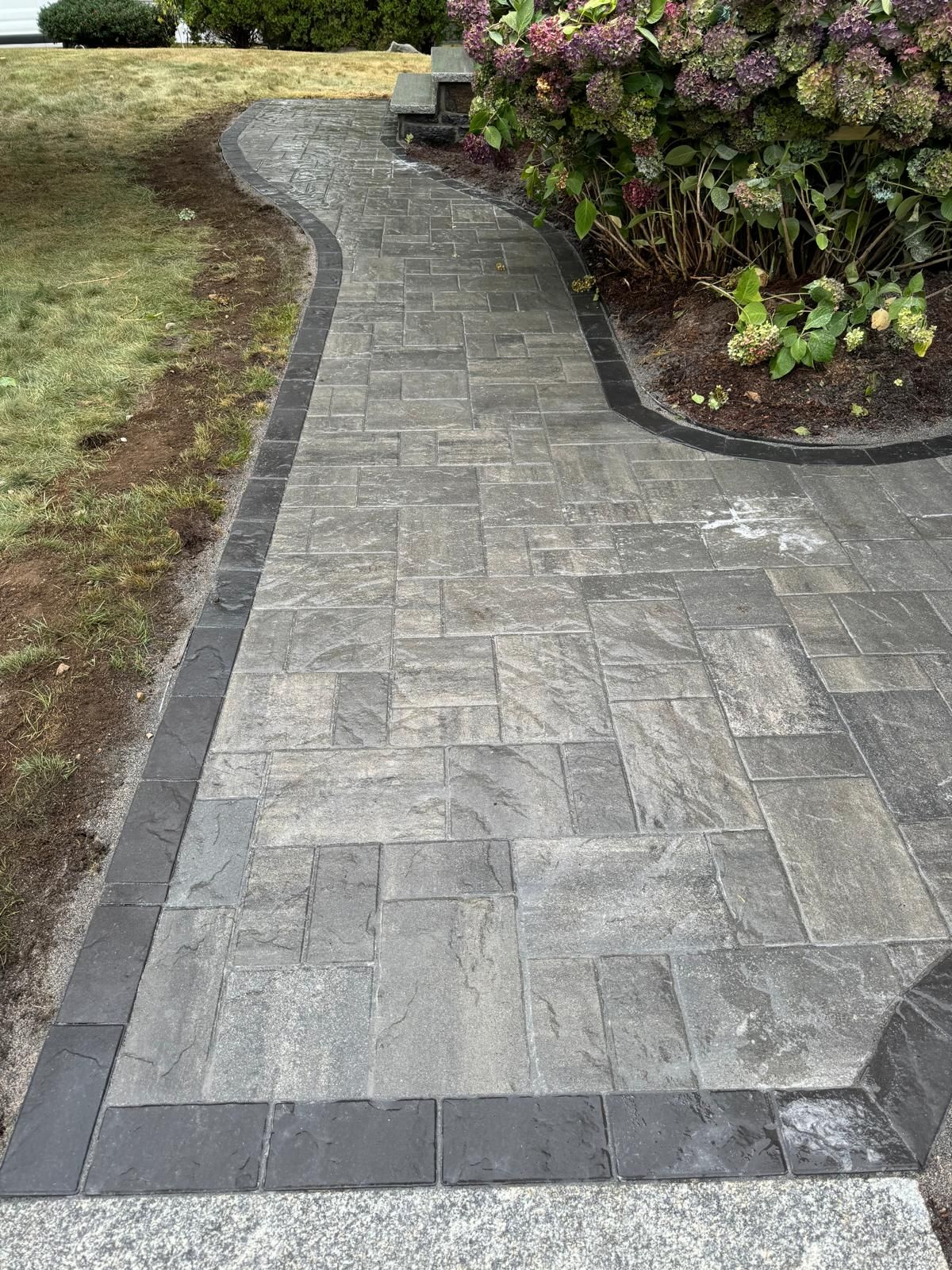 A gray stone paver walkway with a dark charcoal border, curving past a hydrangea bush and a patch of grass.