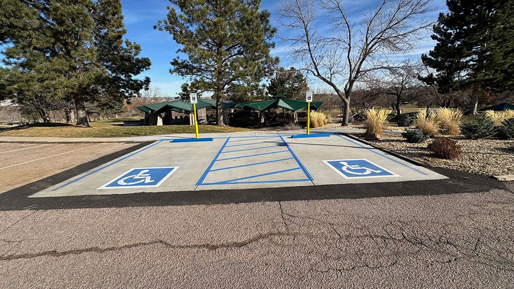 A handicapped parking spot in a parking lot with trees in the background.