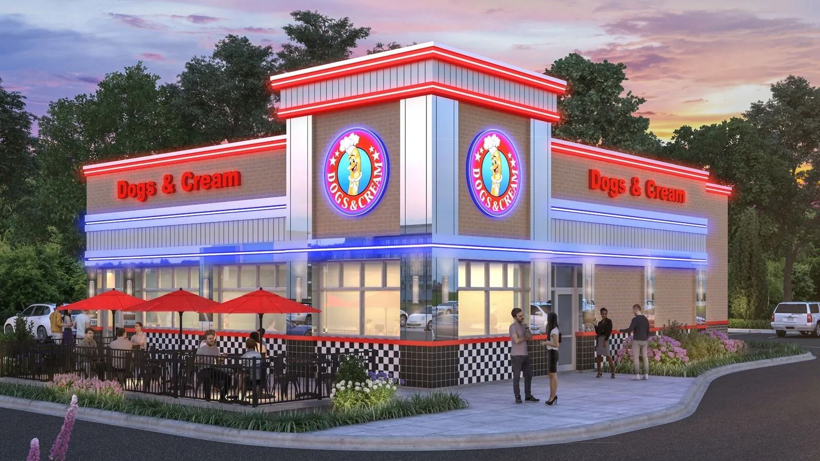 Modern ice cream shop exterior at dusk with neon signs, outdoor seating, and a few customers