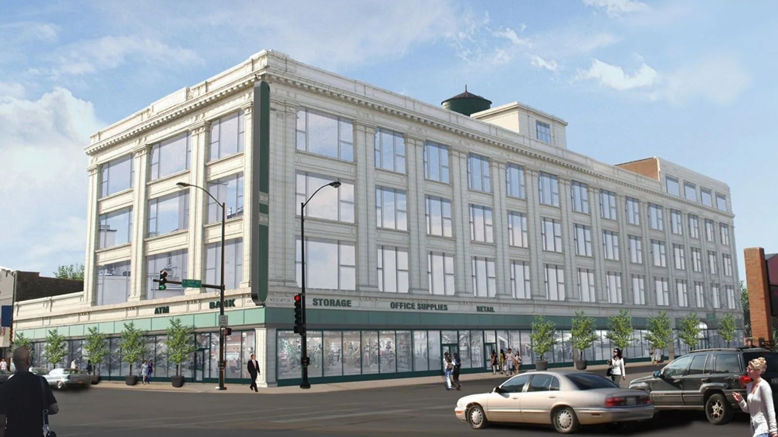 Corner street view of a beige multi-story building with storefronts and parked cars on a sunny day
