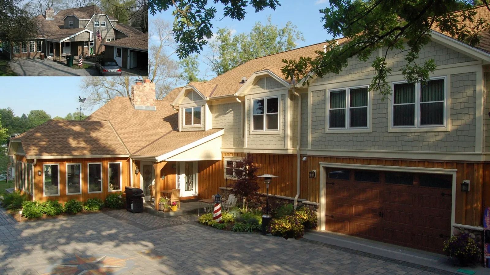 Two-story tan house with brown garage and front porch, set in a tree-lined suburban driveway