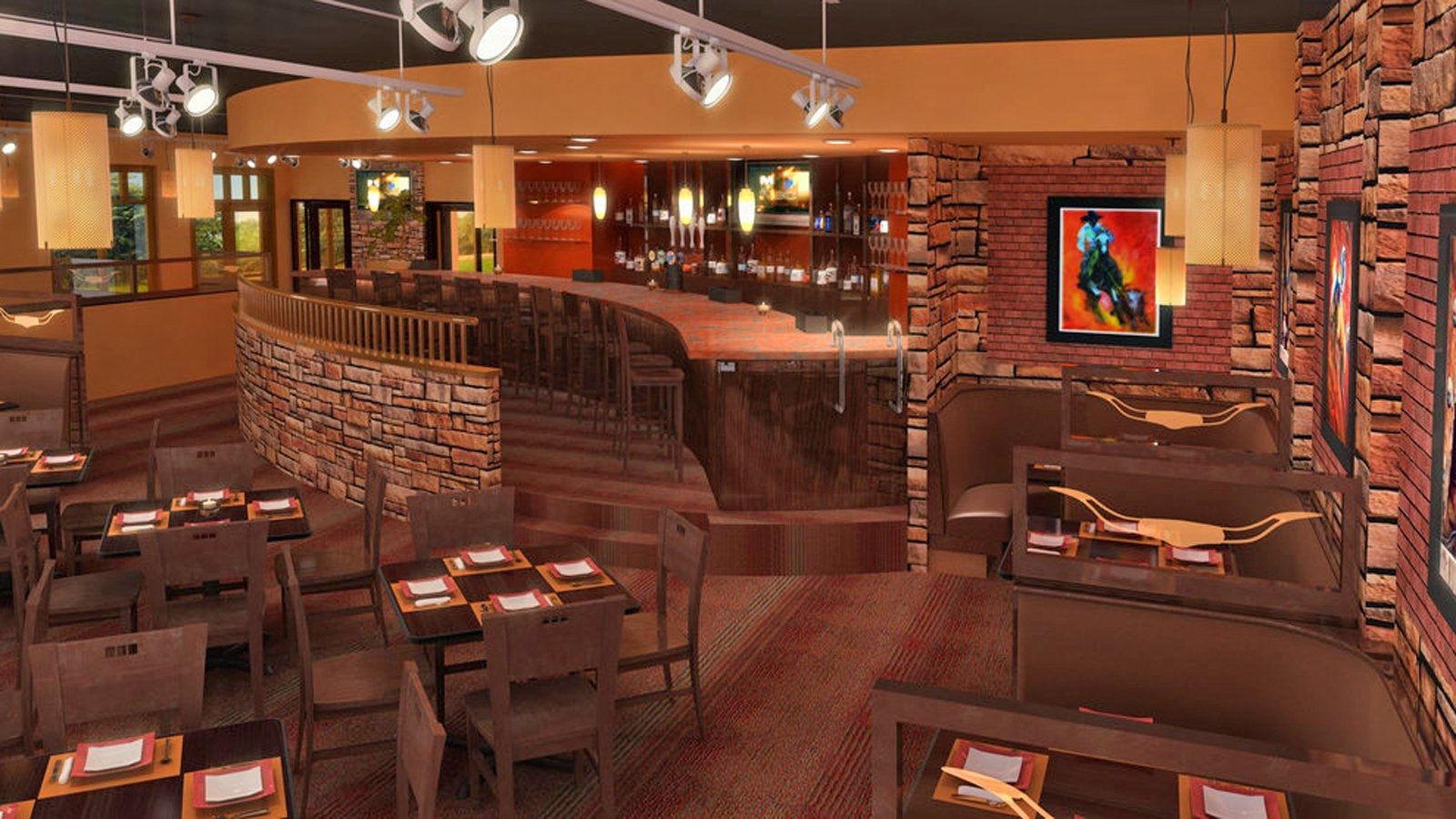 Empty restaurant dining area with brick walls, wooden tables, and warm ambient lighting