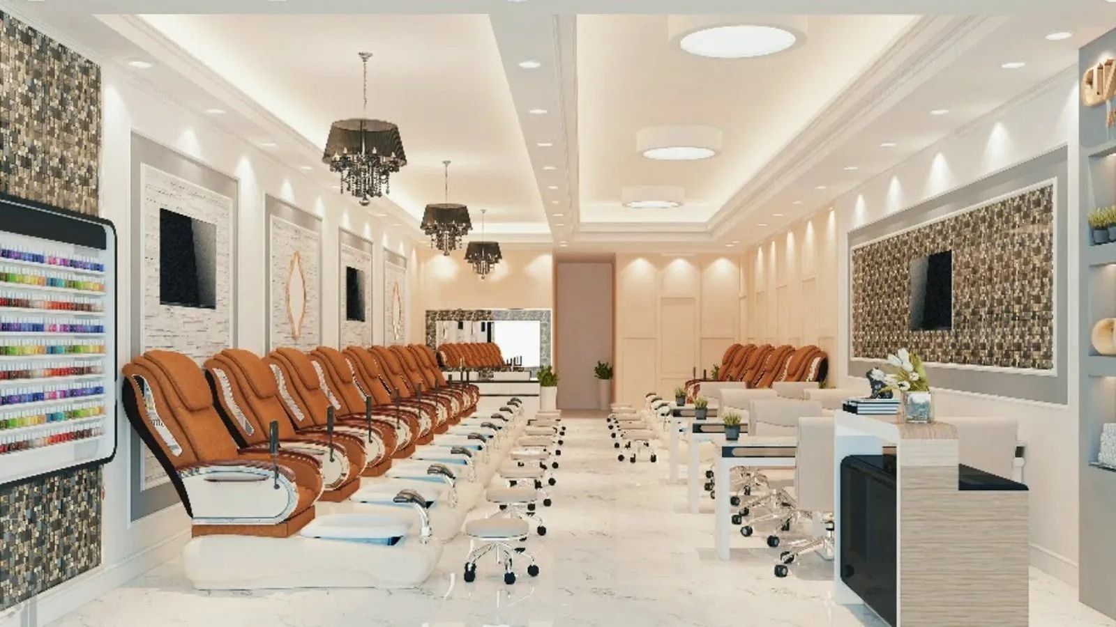 Elegant spa waiting room with orange chairs, white marble floors, and decorative wall panels