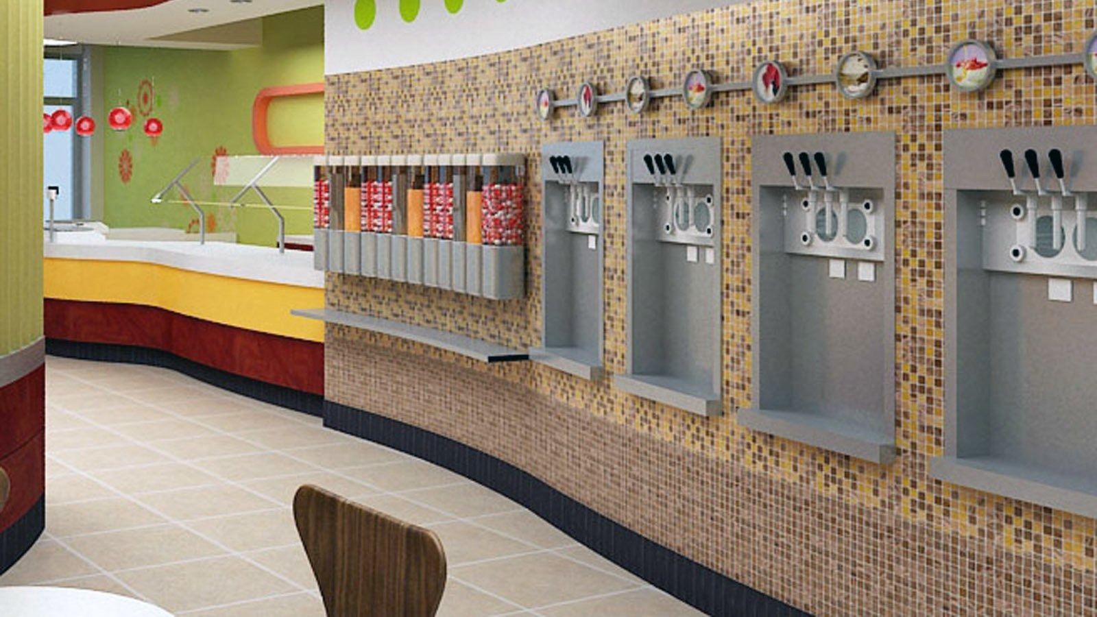 Colorful frozen yogurt shop with self-serve topping and drink stations along the wall