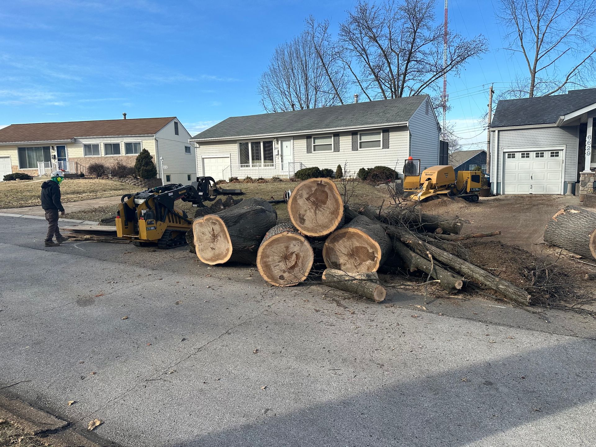 A pile of logs is sitting on the side of the road in front of a house.