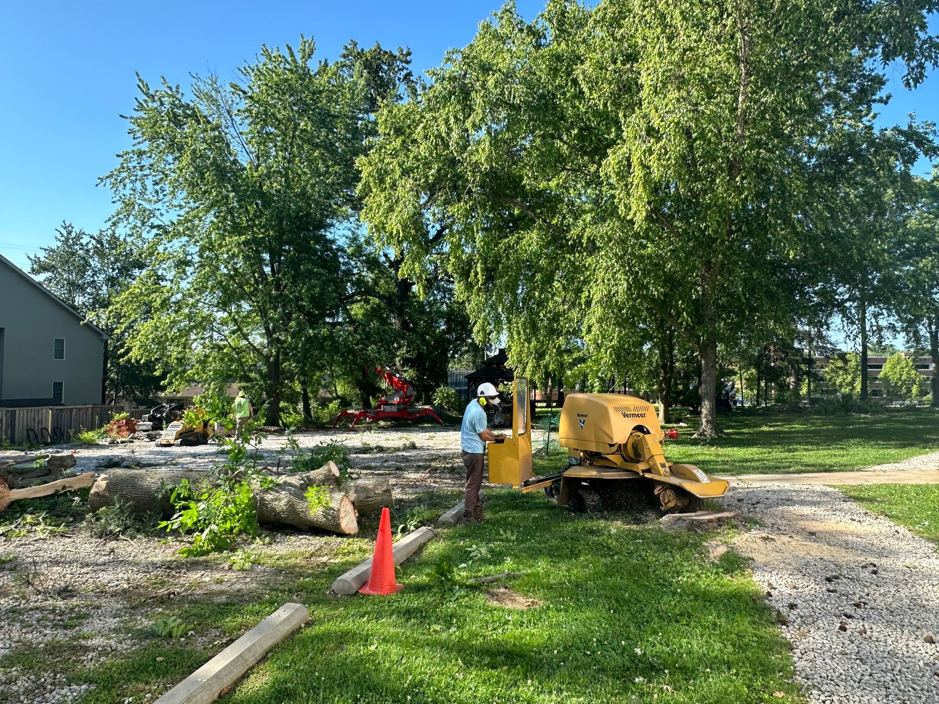 A man is standing next to a tree stump grinder in a yard.
