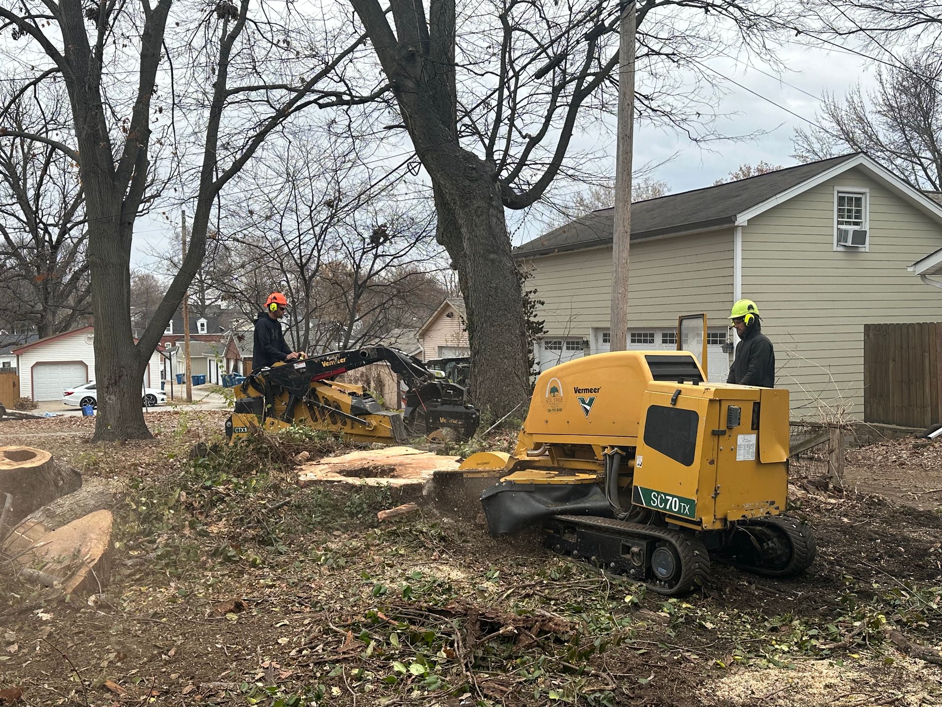 A stump grinder is cutting a tree stump in a yard.