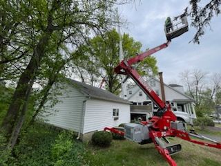 A red crane is cutting a tree in front of a house.
