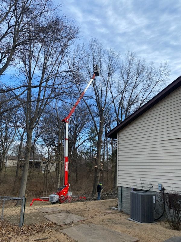 A crane is cutting a tree in front of a house.