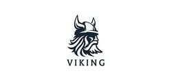 A black and white logo of a viking wearing a horned helmet.