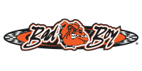Logo with a snarling bulldog head inside a stylized orange and black design, the words 