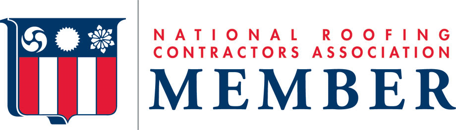 National Roofing Contractors Association member logo. Shield with red and white stripes. Text: 