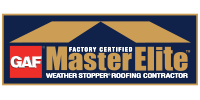 GAF Master Elite Weather Stopper Roofing Contractor logo with a roof symbol in gold over navy.