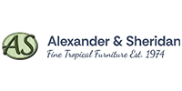 Alexander & Sheridan logo with green “AS” monogram and tagline, “Fine Tropical Furniture Est. 1974.”