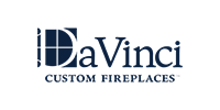 Logo for DaVinci Custom Fireplaces in dark blue.  White background.