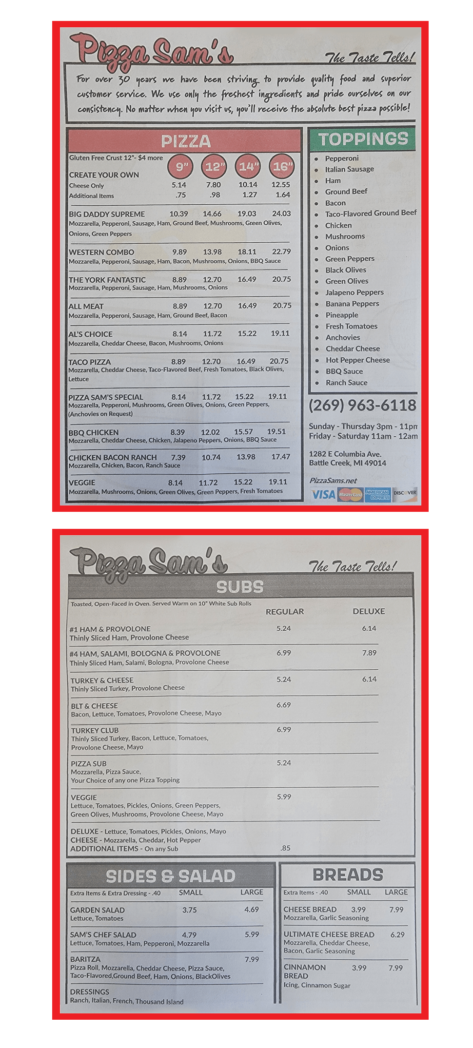 Pizza Sam's Menu Battle Creek, MI