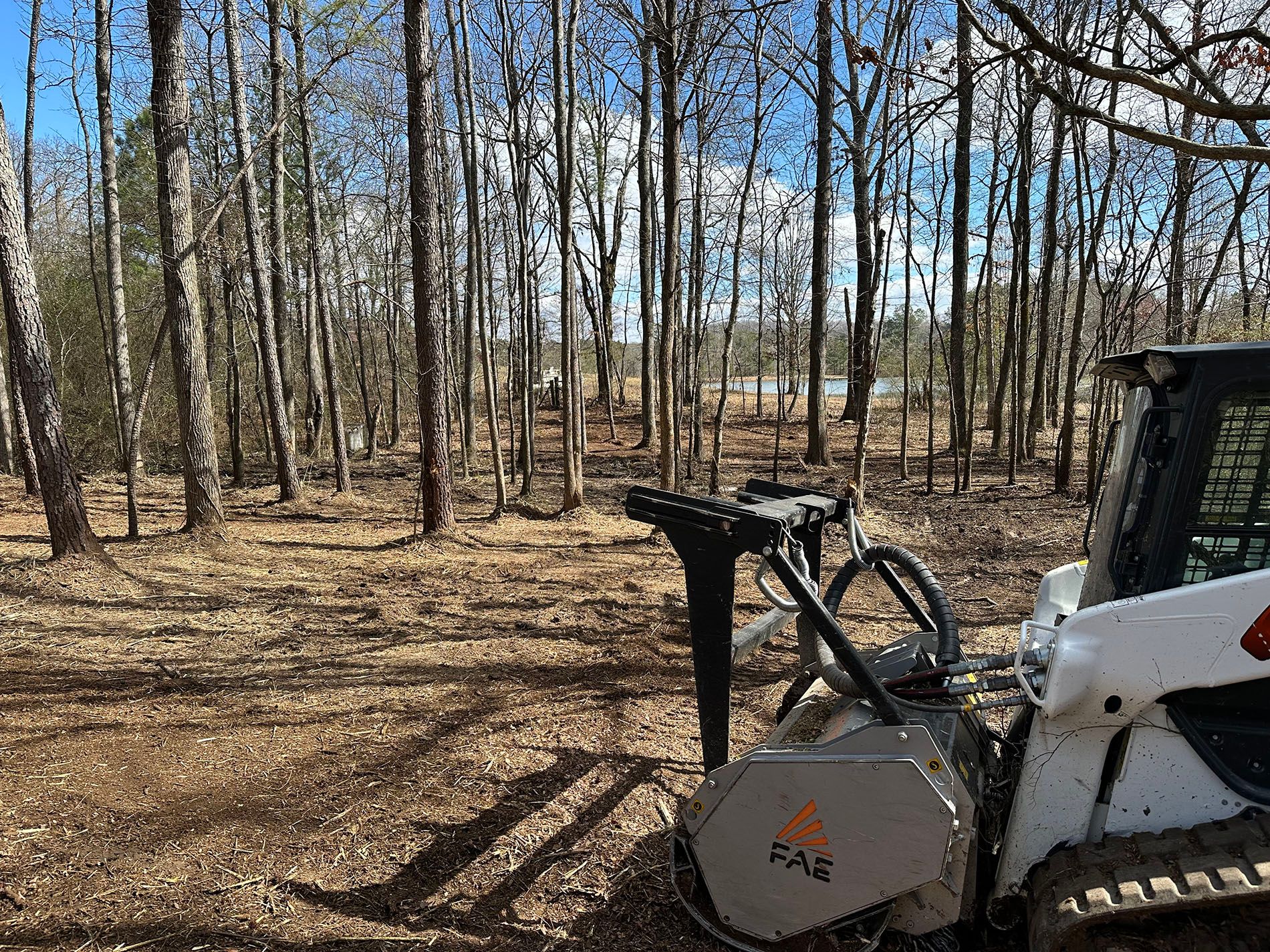 A bulldozer is sitting in the middle of a forest.