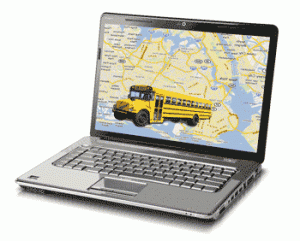Laptop screen displaying a map with a yellow school bus icon, showing the location tracking.