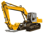 Yellow excavator on tracks, with bucket extended, on a construction site.