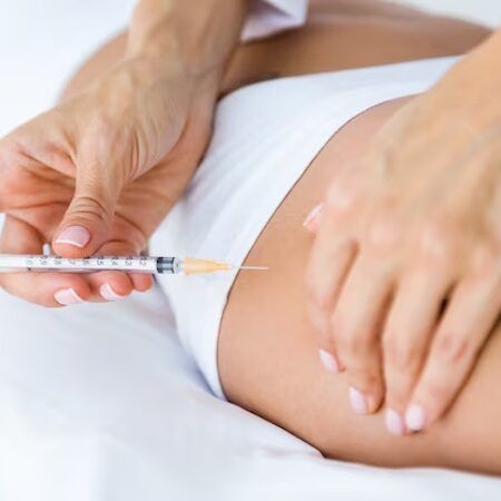Person receiving an injection in the thigh; syringe held by a hand with manicured nails.