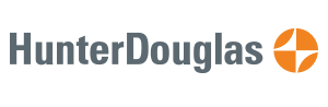 A logo for hunter douglas with an orange arrow