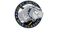 Logo for Colby Smith 4 Mile Classic; a bulldog in front of a blue ring with text.