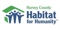 Logo of Harvey County Habitat for Humanity with house-shaped graphic and three figures beneath.