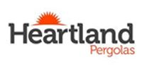 Heartland Pergolas logo: gray text with orange sun icon. 
