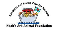 Logo: Noah's Ark with dogs inside, blue water, red roof, flag, text: Kindness and Loving Care for Animals. Noah's Ark Animal Foundation.