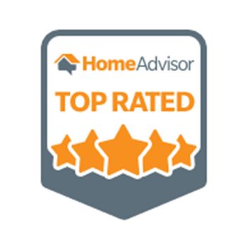 HomeAdvisor Elite Service badge with gray, orange, and white shield design