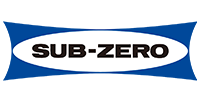 Sub-Zero logo in white on a blue banner with black outline