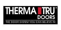 Therma-Tru Doors logo on black background with red door icon and slogan “The Door System You Can Believe In”