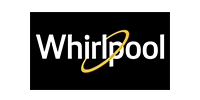Whirlpool logo in white on a black background with a yellow swoosh through the word.