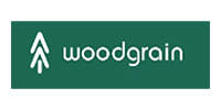 Woodgrain logo in white on a green background with a tree icon