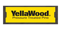 Yellow YellaWood Pressure Treated Pine logo on a yellow and black sign