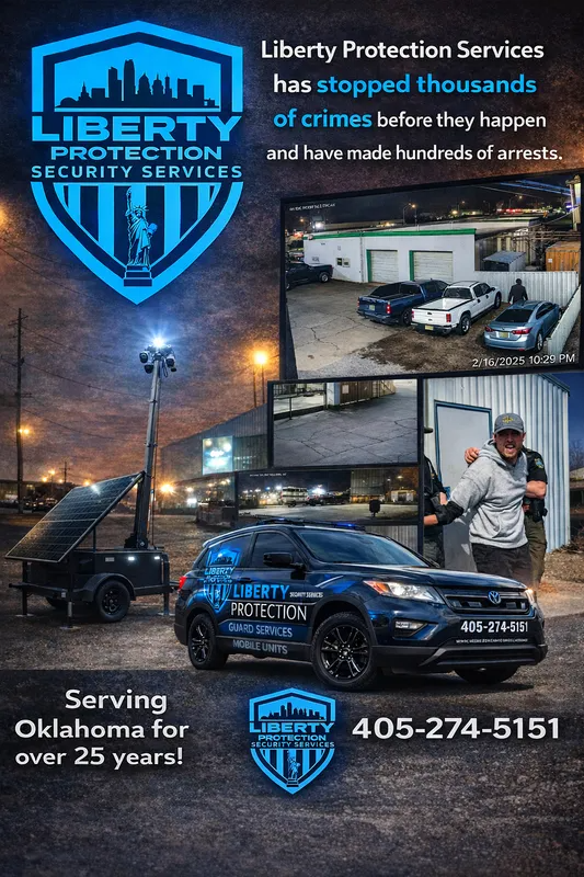 Liberty Protection Services security ad with guards, patrol cars, and cityscape; serving Oklahoma for 25 years.